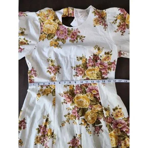 Nwt Sézane Jiana Ella Floral Linen Blend Puff Sleeves Open Back Midi Dress US 10 - Picture 9 of 12